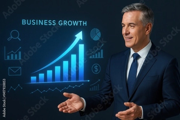 Fototapeta CEO presenting futuristic chart of business growth, arrows rising upward, visualizing finance, marketing tech and investment planning