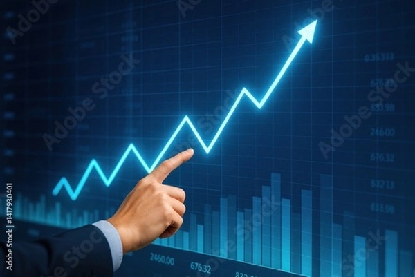Fototapeta Close-up of hand pointing at growing finance graph, business planning and market strategy data on futuristic digital display