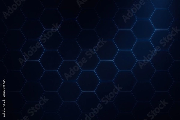Fototapeta Blue hexagon mesh on dark tech backdrop, modern geometric background with light effects and cyber theme