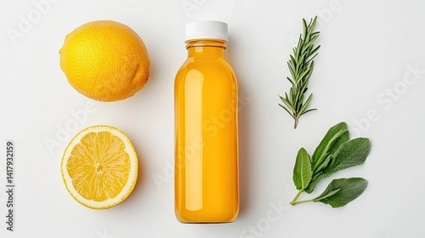 Obraz juice detox minimalist concept. Refreshing lemon juice with whole and sliced lemons, surrounded by herbs on a light background.