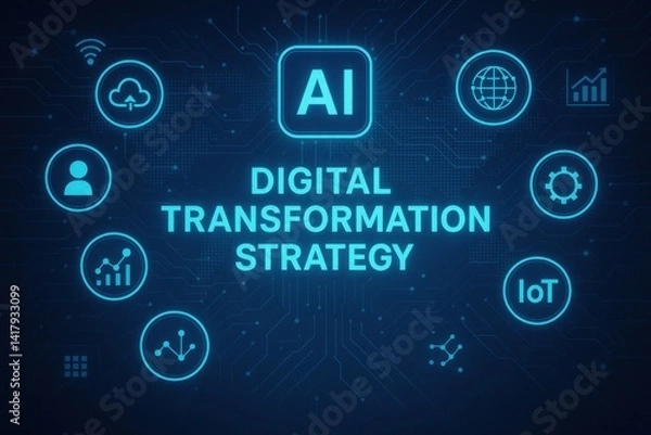 Fototapeta Abstract visual of digital transformation strategy with AI and IoT icons, glowing tech interface symbolizing innovation in global business