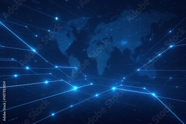 Fototapeta Futuristic abstract technology network background with glowing lines and data nodes, blue digital grid, global connection theme