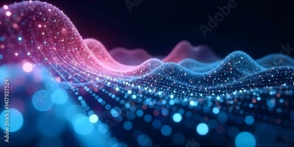 Fototapeta Abstract digital wave with flowing particles, glowing neon lines, futuristic technology background, blue and pink color palette, dark background