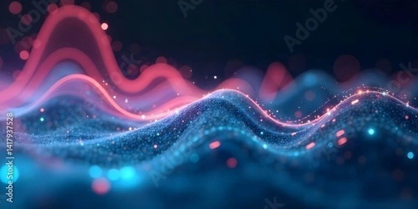 Fototapeta Abstract digital wave with flowing particles, glowing neon lines, futuristic technology background, blue and pink color palette, dark background