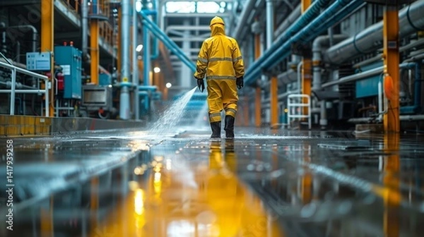 Fototapeta Factory worker in protective equipment checking amount of chemicals inside large reservoir.