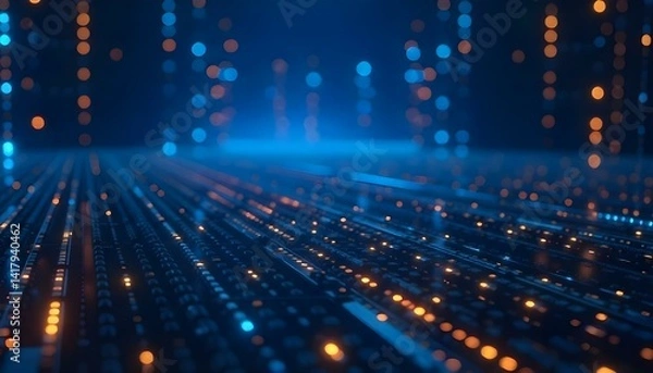 Fototapeta Blue and orange lights on a grid pattern, the lights are arranged in rows and columns, creating a sense of depth and perspective, the background is dark