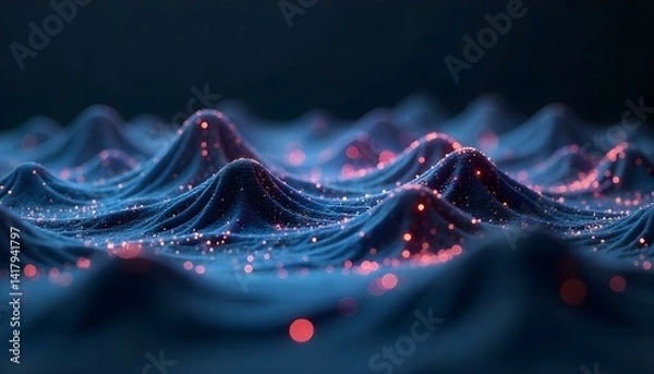 Obraz Abstract blue and purple digital landscape with glowing particles, resembling a topographical map, against a dark background, futuristic technology concept, intricate details 