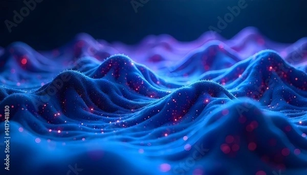 Obraz Abstract blue and purple digital landscape with glowing particles, resembling a topographical map, against a dark background, futuristic technology concept, intricate details 
