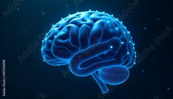 Obraz A human brain made of blue lines and dots, neural network, artificial intelligence, dark blue background