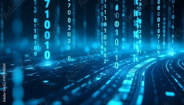 Fototapeta Blue digital binary code streams falling in a futuristic environment, futuristic technology concept, data analysis, artificial intelligence, information technology