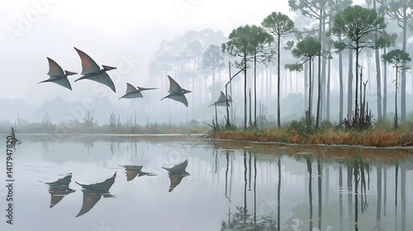 Obraz Prehistoric pterosaurs glide low over the still waters of a foggy primeval swamp their winged silhouettes mirrored in the serene reflection below