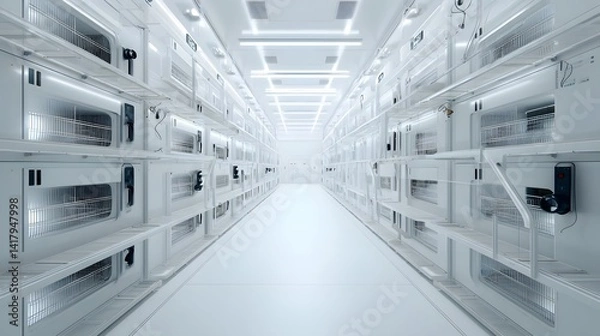 Obraz Rows of organized shelves and trays in a clean minimalist indoor environment designed for efficient insect breeding and cultivation