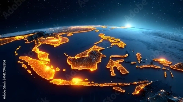 Fototapeta Satellite view of the Indonesian archipelago with its islands and coastlines illuminated by lights creating a glowing fragment like pattern against the dark expanse of the ocean at night