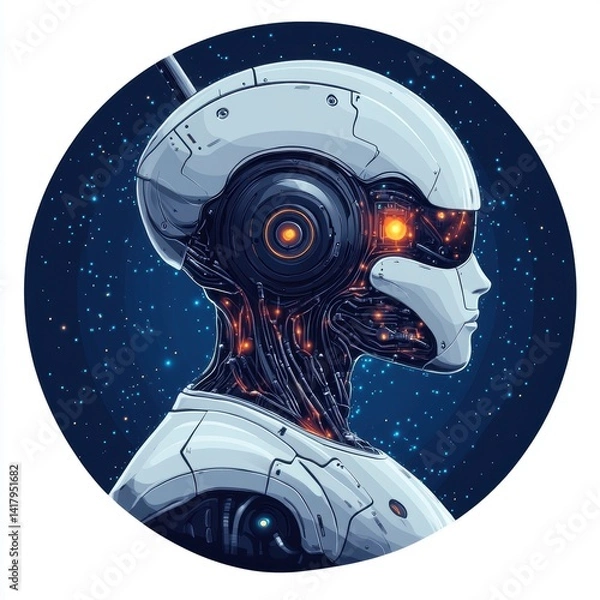 Fototapeta Futuristic AI Robot Head Profile Against Starry Background in Detailed Illustration