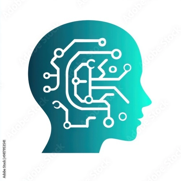 Fototapeta Artificial Intelligence Concept Illustration with Circuit Board Brain Design in Cyan and Teal Gradient