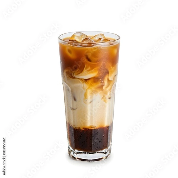 Fototapeta Iced Latte Coffee Drink, Layered with Milk, Espresso, and Ice Cubes, Refreshing Beverage.
