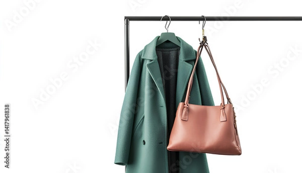 Fototapeta Metal stand with green coat and bag isolated on white