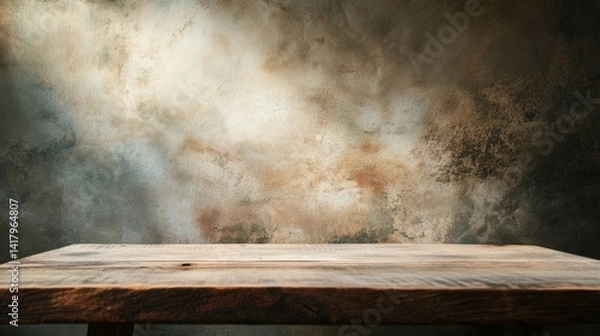 Fototapeta Empty rustic table against stormy brown clouds