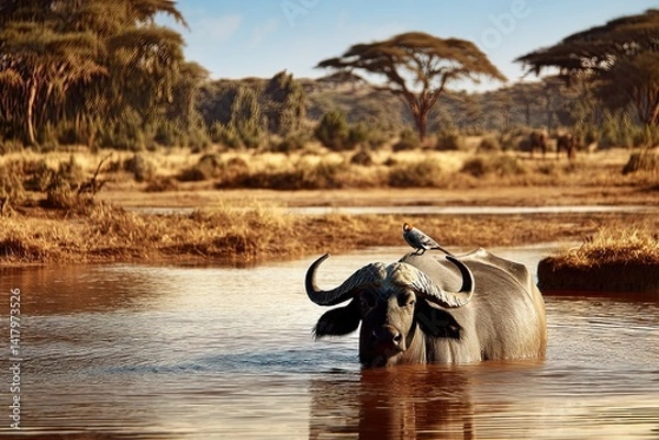 Fototapeta African Buffalo Wallowing in Water with Bird on its Back in Serengeti Landscape