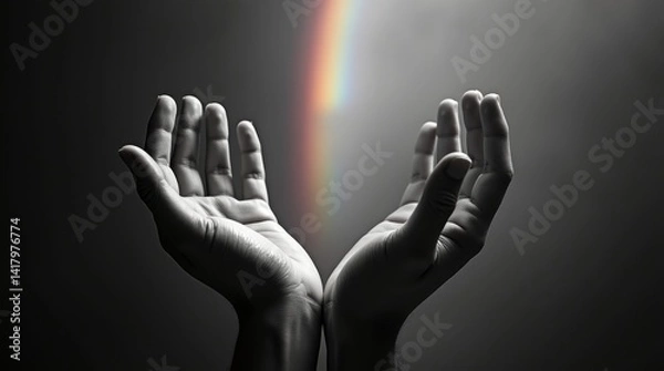 Fototapeta Day of pray spiritual reflection hands reaching serene environment symbolic rainbow