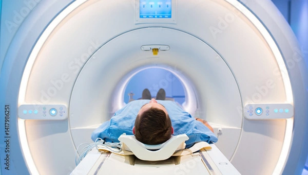 Fototapeta patient undergoing examination using advanced medical technology MRI, CT or PET scan with healthcare worker performing examination procedure