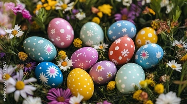 Fototapeta Live and colorful Easter composition with many multi -colored eggs decorated with patterns of white colors and dots.