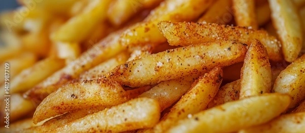 Obraz The close -up of the appetizing portion of potatoes of fries, golden and crisp, with a slight adding of salt and spices. Potato slices look fresh and seductive