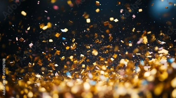 Fototapeta A dynamic image with a scattering of brilliant confetti, mainly gold, with interspersed of blue and pink pieces soaring on a dark background.