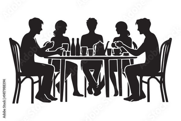 Fototapeta Illustrative people at table silhouette enjoying tea time discussion