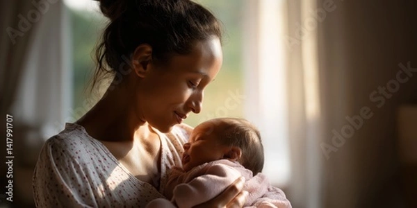 Fototapeta A heartwarming moment is captured between a mother and her baby, radiating love and warmth in delicate sunlight, symbolizing the essence of motherhood and bonding.