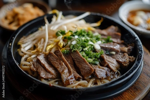 Fototapeta •  A sizzling platter of Cantonese-style beef chow fun with wide rice noodles, tender beef slices, and crisp bean sprouts 