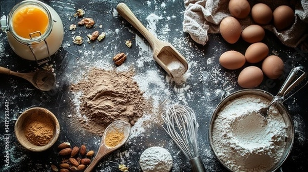 Fototapeta Baking tools and flour on messy dark surface