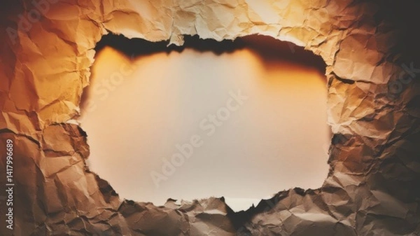 Obraz Textured torn paper background with a central irregular hole and warm lighting, surrounded by crumpled edges creating a rustic and dramatic design element perfect for creative projects and artwork