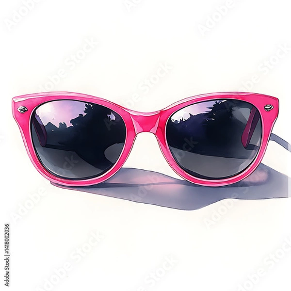 Fototapeta Bright pink sunglasses with stylish cat eye shape, reflecting scenic view in lenses. These trendy accessories are perfect for adding pop of color to any outfit