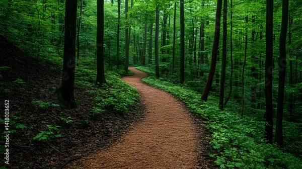 Fototapeta Serene walking path winds through a vibrant green forest lined with lush foliage and tall trees creating a tranquil woo