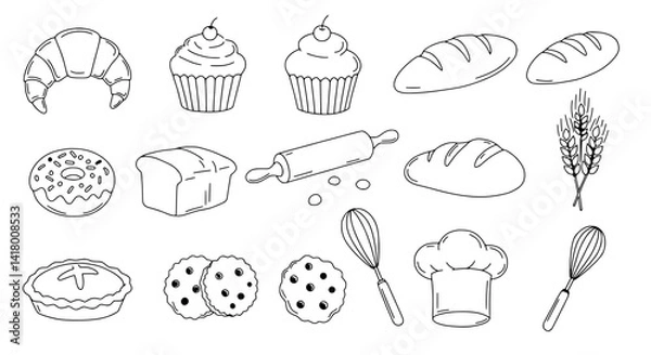 Fototapeta Baking Delight: A collection of line-art illustrations showcasing a variety of freshly baked goods and baking essentials. Perfect for a bakery, pastry shop, or culinary blog.
