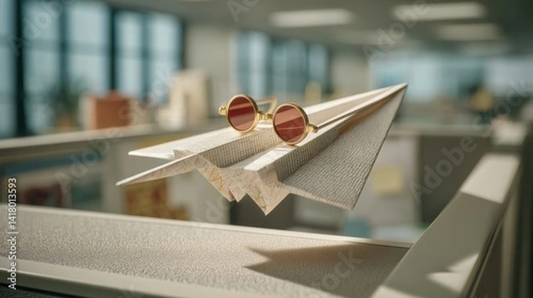 Fototapeta Colorful paper airplane wearing aviator goggles soaring in a modern office space during the day
