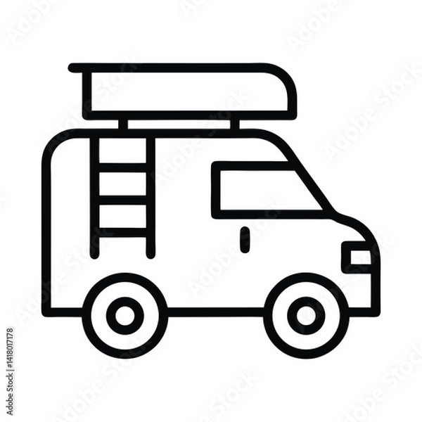 Obraz Simple Camper Van Icon With Ladder and Top Box in Outline Style on Transparent BG