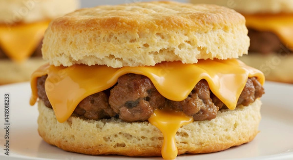 Fototapeta Delicious Sausage Biscuit Sandwich with Dripping Melted Cheddar Cheese