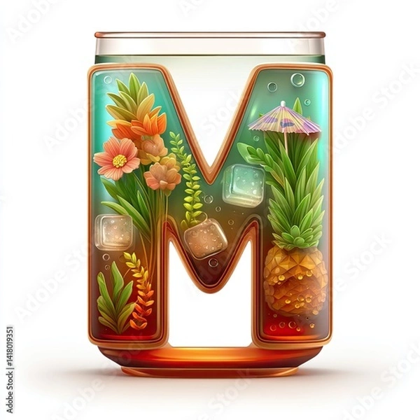 Obraz Stained glass in summer alphabet designed, Colorful letter M design filled with tropical plants and drinks. Stained glass in summer elements for luxury creative use, luxury stained alphabet
