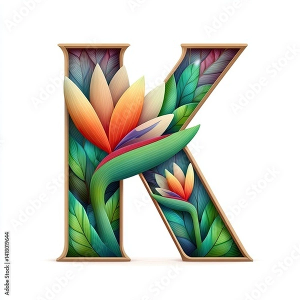 Obraz Stained glass in summer alphabet designed, Colorful stylized letter 'K' adorned with tropical flowers. Stained glass in summer elements for luxury creative use, luxury stained alphabet