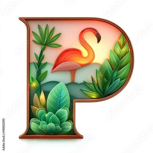 Obraz Stained glass in summer alphabet designed, Vibrant illustration featuring a flamingo among tropical plants. Stained glass in summer elements for luxury creative use, luxury stained alphabet