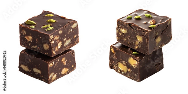 Obraz Set of a, Create an ultra-realistic photograph of three dark chocolate fudge cubes with olive oil and pine nuts, isolated on a transparent background.