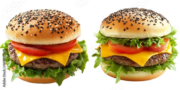 Obraz A highly detailed and realistic photograph of an American-style hamburger with lettuce, tomato, cheese, and a meat patty, all wrapped in a golden, isolated on a transparent background.