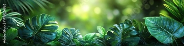 Fototapeta Lush green foliage with sunlight filtering through leaves in a blurred background.