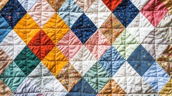 Fototapeta Colorful Stitched Patchwork Quilt with Geometric Triangle and Square Design