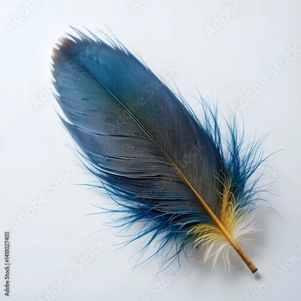 Obraz A striking orange, blue and brown feather lies gracefully on a pristine white background. 