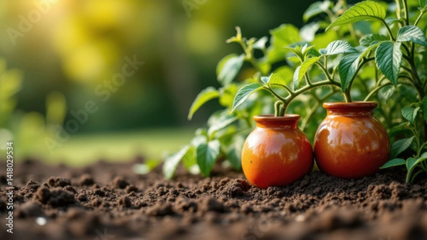 Fototapeta Two clay jars in a garden with healthy plants growing around them.