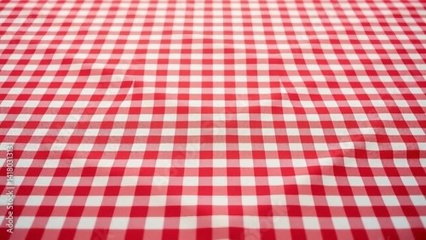 Fototapeta Red and white checkered tablecloth Top view table cloth texture background Red gingham pattern fabri