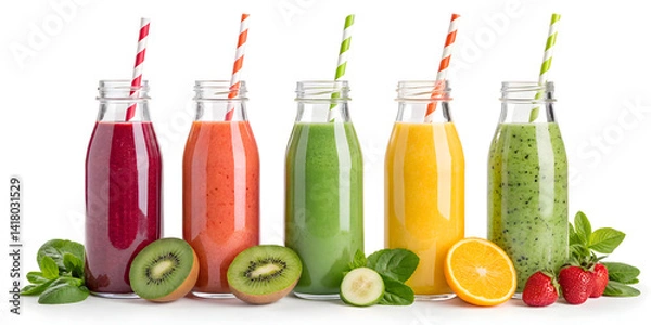 Obraz Colorful Assorted Fruit and Vegetable Smoothies in Glass Bottles with Fresh Ingredients – Isolated on White Background